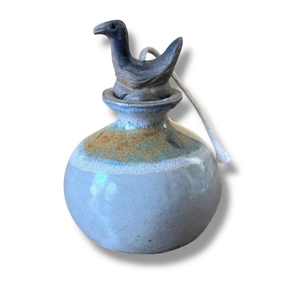 Vintage 1980s Flat Earth Pottery Oil Lamp Ceramic Stoneware Bird Stopper Boho - Picture 2 of 11